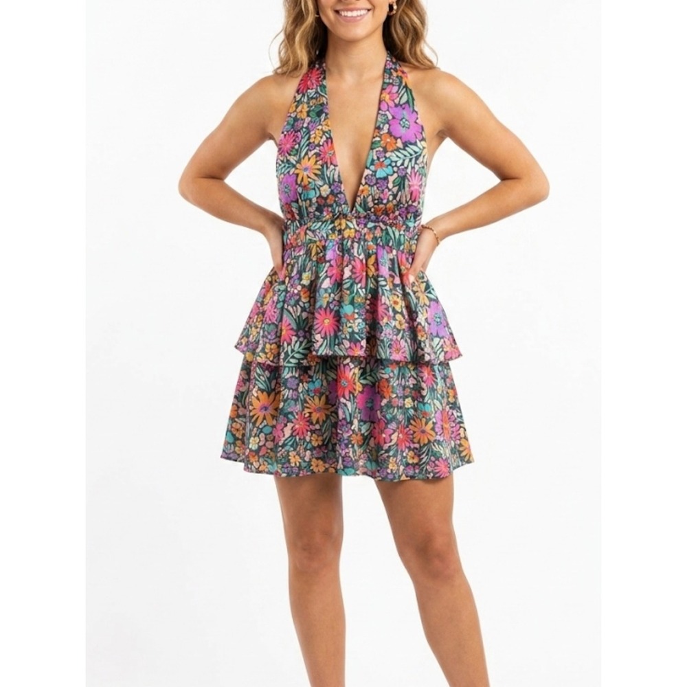 Meet Me in Santorini Medium‎ Colorful Fun Floral Plunge Halter Tiered Mini Dress